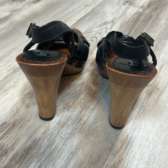 Vintage Y2K Kenneth Cole Tribeca Slingback Heels Black Leather Wooden Platform - Picture 8 of 12